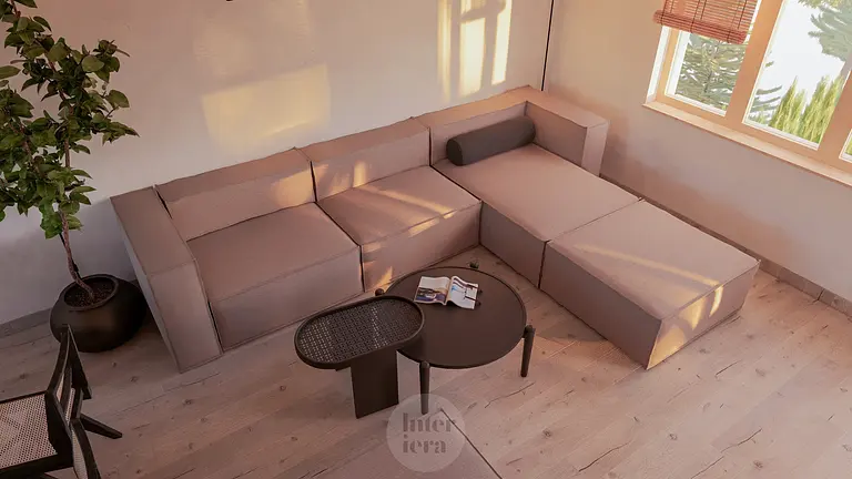 Wnętrze salonu w stylu japandi i minimalistycznym z beżową sofą i drewnianymi akcentami.
