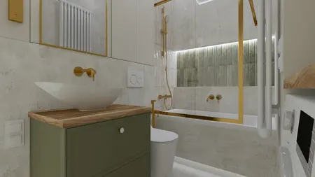 Wnętrze łazienki w stylu boho, eklektycznym i rustykalnym z zieloną szafką.