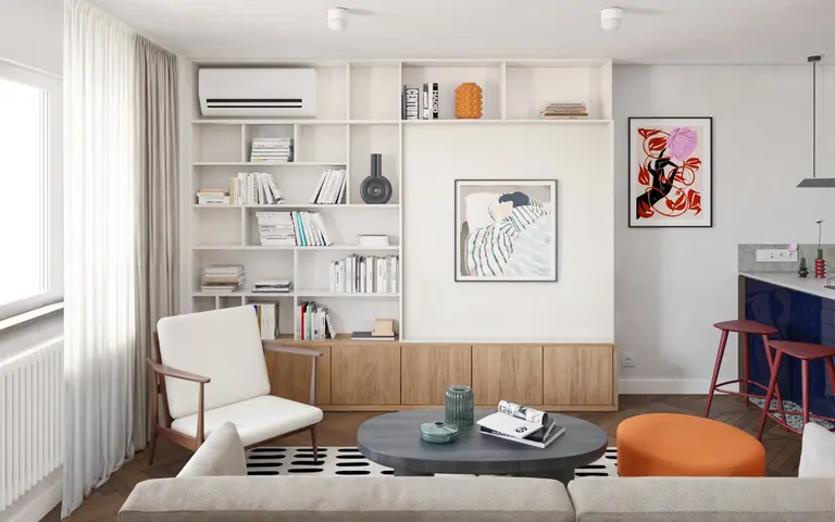 Wnętrze salonu z art deco, minimalistycznym i vintage designem oraz białymi meblami.