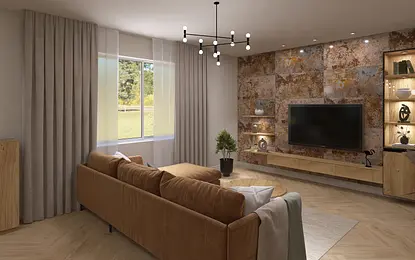 Wnętrze salonu z brązową sofą, drewnianymi elementami, tradycyjne i współczesne style.