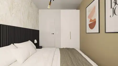 Sypialnia w stylu boho z minimalistycznymi detalami i eklektycznymi elementami.