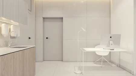 Wnętrze biura z minimalistycznym designem, nowoczesnymi meblami i skandynawskim stylem.