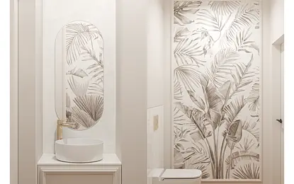 Wnętrze łazienki w stylu art deco i soft minimalizm z białymi akcentami.