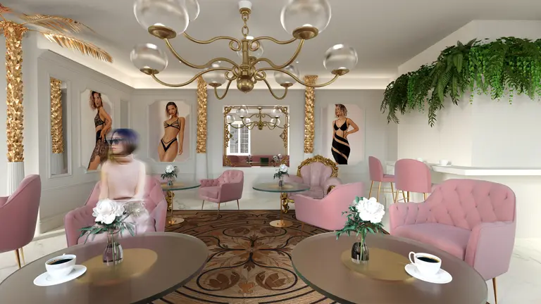 Wnętrze kawiarni w stylu glamour i minimalistycznym z różowymi fotelami.
