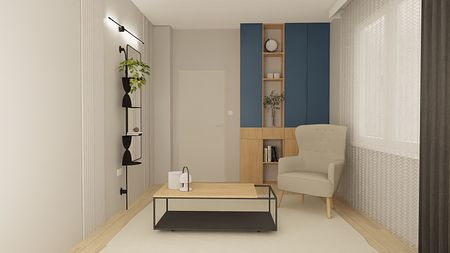 Minimalistyczne wnętrze z niebieską ścianą, drewnianym meblem i roślinami