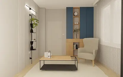 Minimalistyczne wnętrze z niebieską ścianą, drewnianym meblem i roślinami