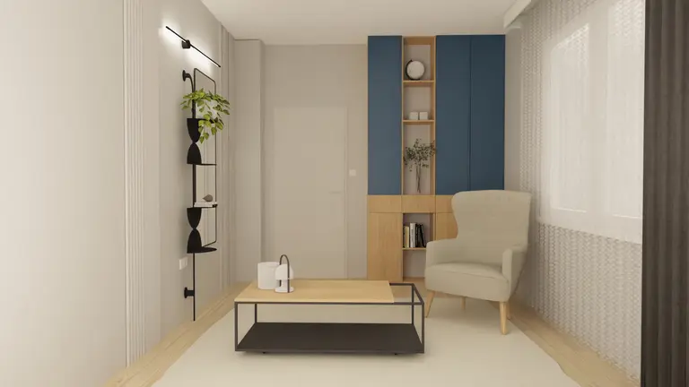 Minimalistyczne wnętrze z niebieską ścianą, drewnianym meblem i roślinami