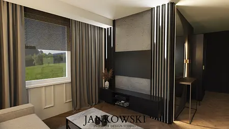 Wnętrze nowoczesnego salonu z szarymi zasłonami, czarnymi meblami i betonową ścianą, styl art deco.