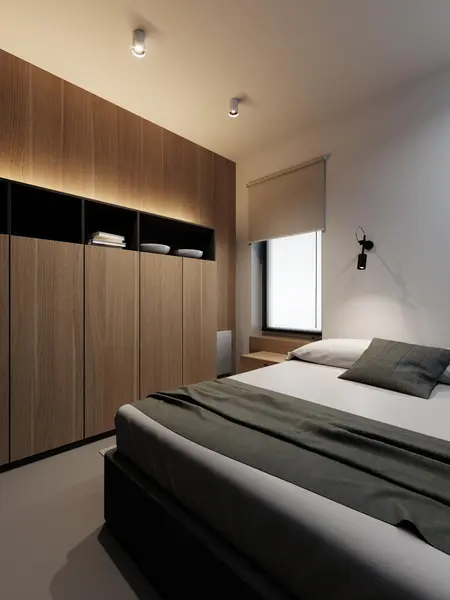Eklektyczna sypialnia z minimalistycznym designem, soft minimalizm