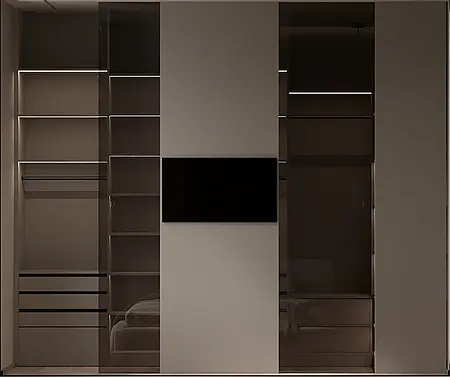 Garderoba z nowoczesnymi szafami, oświetleniem LED i minimalistycznym designem.