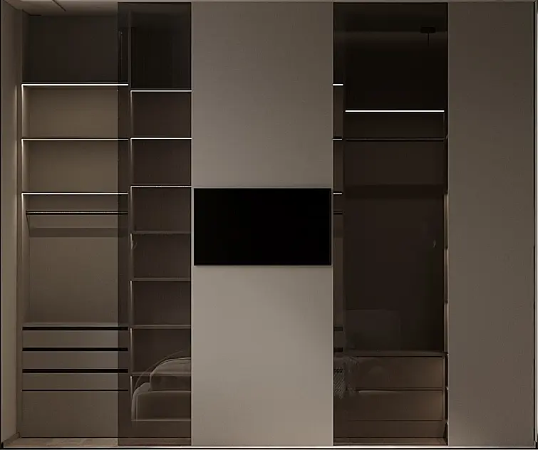 Garderoba z nowoczesnymi szafami, oświetleniem LED i minimalistycznym designem.