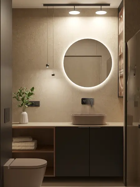 Nowoczesna łazienka z okrągłym lustrem, minimalistycznym designem i naturalnymi materiałami.