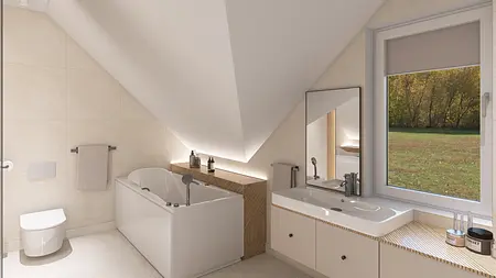 Wnętrze łazienki z wanną, umywalką i nowoczesnym designem