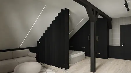 Wnętrze poddasza z minimalistycznym designem, czarna ściana i jasne meble.