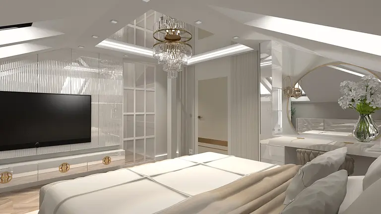 Wnętrze sypialni z białym łóżkiem i lustrem w stylu glamour oraz nowoczesnym.