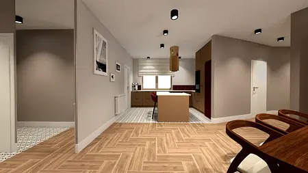 Wnętrze kuchni w stylu eklektycznym z drewnianymi meblami i białymi detalami.