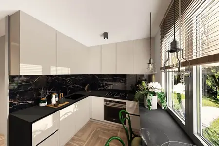 Nowoczesna kuchnia z czarnym blatem, białymi meblami i roślinami, styl industrialny i minimalistyczny.