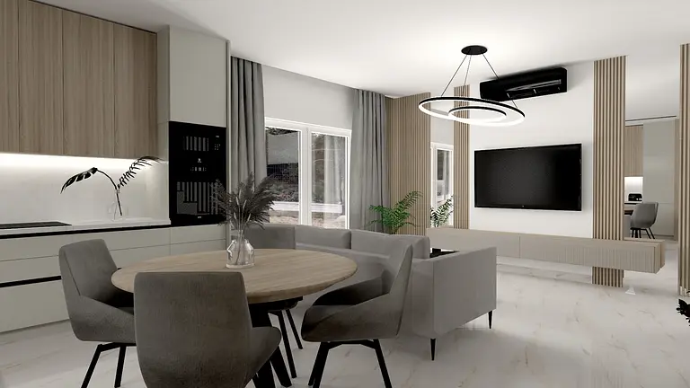 Wnętrze jadalni z drewnianym stołem i szarymi krzesłami, nowoczesny design.