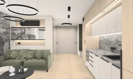 Wnętrze kuchni w stylu nowoczesnym z elementami soft minimalizmu i współczesnego designu.