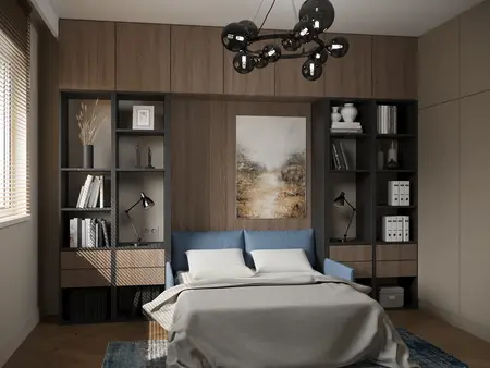 Wnętrze w stylu minimalistycznym z niebieską sofą i drewnianymi detalami.