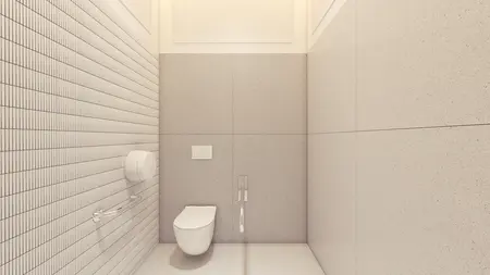 Wnętrze łazienki z minimalistycznym designem, nowoczesnymi akcentami, skandynawskim stylem.