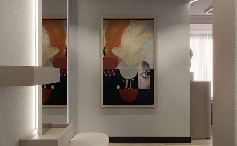 Stylowy przedpokój w stylu art deco i glamour z obrazem