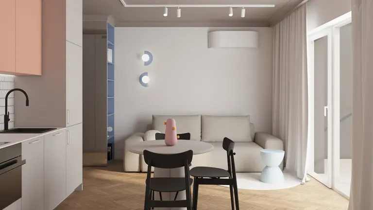 Wnętrze salonu z eklektycznym designem, nowoczesnymi meblami i współczesnymi akcentami.