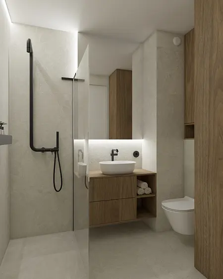 Eklektyczna łazienka w stylu japandi z minimalistycznymi detalami.