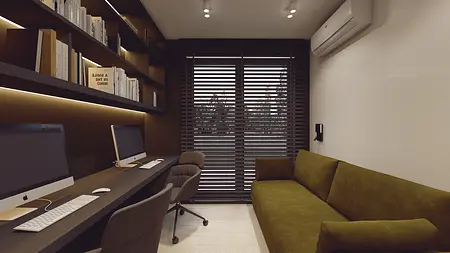 Wnętrze gabinetu w stylu japandi, minimalistycznym i skandynawskim z zieloną sofą.