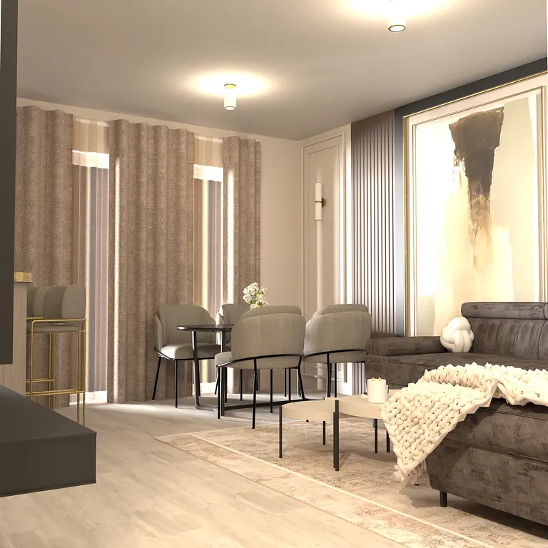 Stylowe wnętrze salonu glamour z szarymi i beżowymi meblami oraz nowoczesnymi akcentami.
