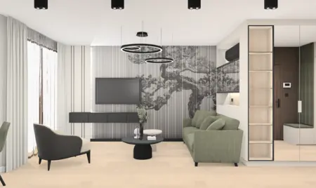 Wnętrze salonu w stylu nowoczesnym z zieloną sofą i szarymi detalami.