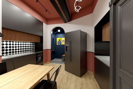 Stylowa kuchnia w stylu dopamine decor z czarnymi meblami i drewnianym stołem.