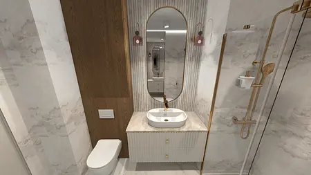 Współczesna łazienka z białą umywalką, złotymi detalami i drewnianą ścianą.
