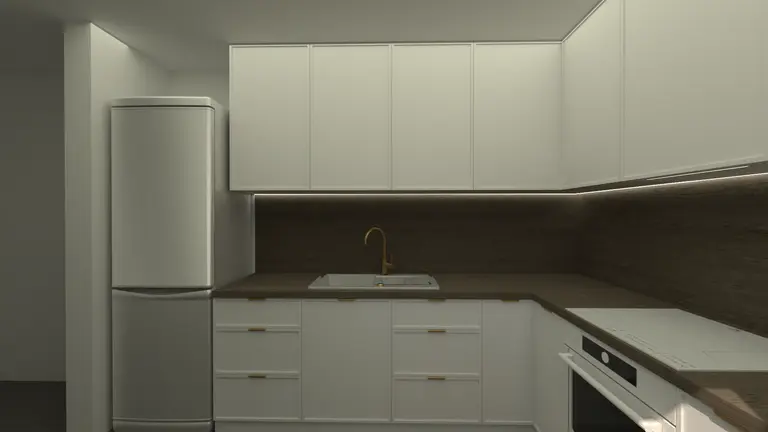 Minimalistyczna kuchnia z białymi meblami i drewnianym blatem.