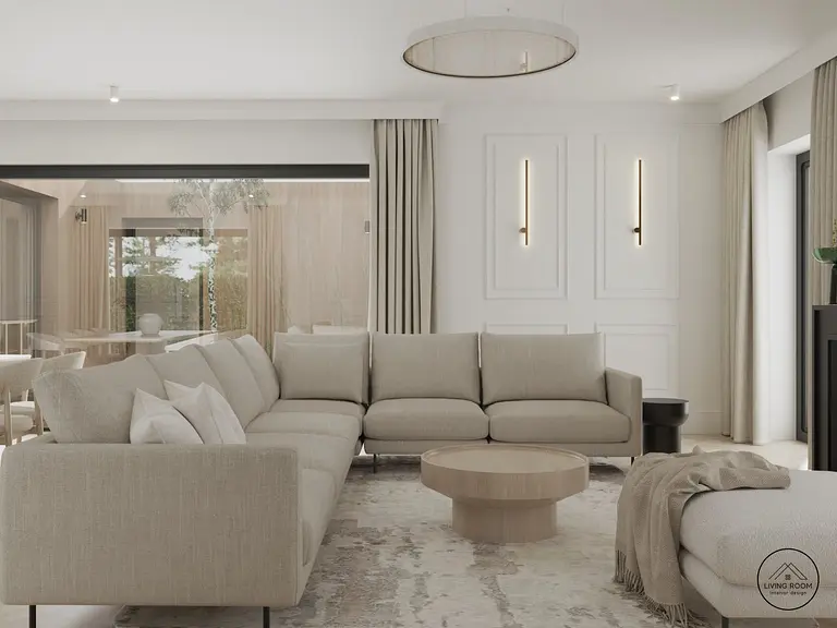 Nowoczesny salon w stylu glamour z beżową sofą, drewnianym stolikiem i minimalistycznymi akcentami.