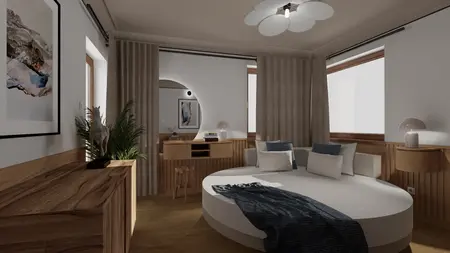 Eklektyczne wnętrze z rustykalnymi akcentami, łóżko okrągłe, drewniane meble, styl japandi.