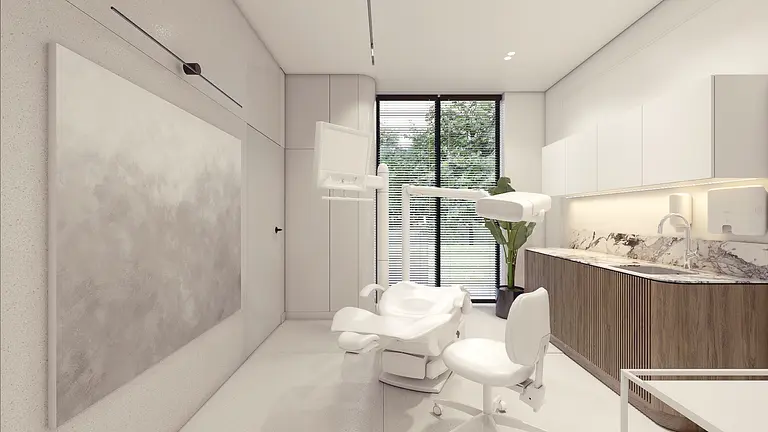 Nowoczesny gabinet z białymi meblami, minimalistycznym wystrojem i skandynawskim stylem.