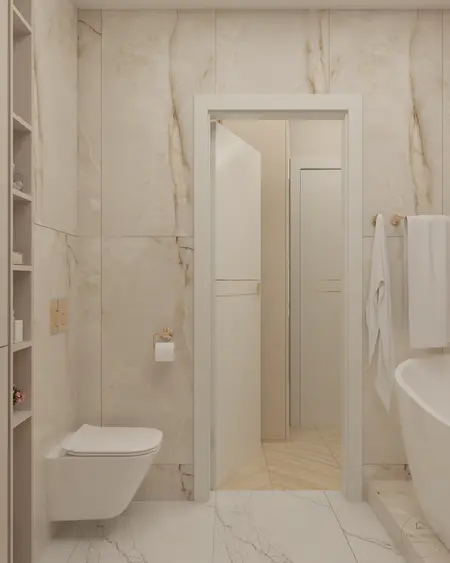 Nowoczesna łazienka w stylu glamour z beżowymi płytkami i białą wanną