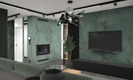 Nowoczesne wnętrze salonu z zielonymi ścianami, czarnym telewizorem i rośliną.