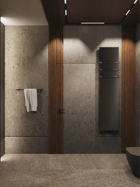 Nowoczesna łazienka z szarymi ścianami, drewnianymi detalami, minimalistyczny design.