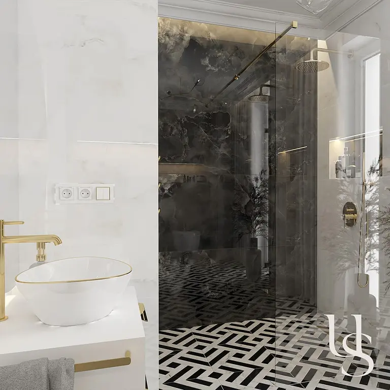Nowoczesna łazienka w stylu art deco, glamour i quiet luxury z eleganckimi akcentami.