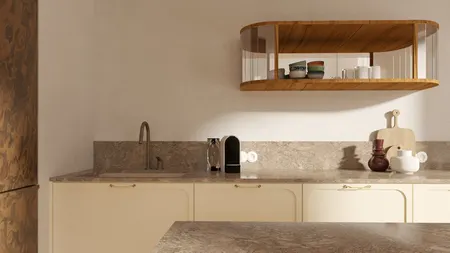 Kuchnia w stylu soft minimalizm i vintage z drewnianymi akcentami.
