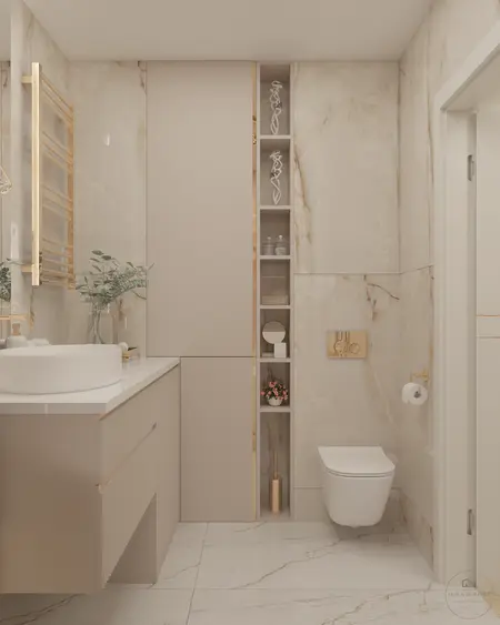 Nowoczesna łazienka w stylu glamour z beżowymi meblami i złotymi detalami.