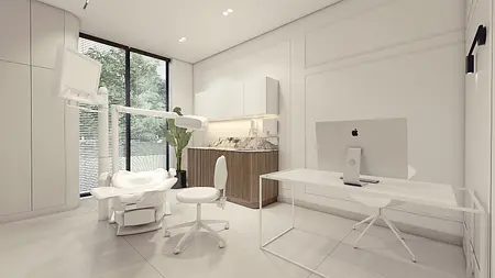 Wnętrze gabinetu z białymi meblami, nowoczesnym biurkiem i rośliną, minimalistyczny design.