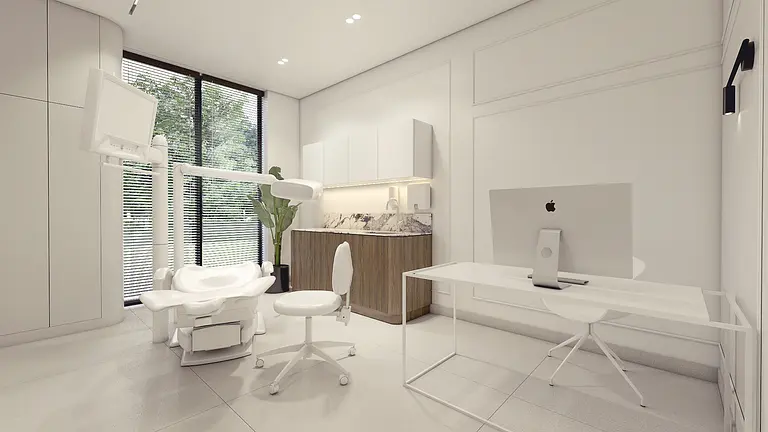 Wnętrze gabinetu z białymi meblami, nowoczesnym biurkiem i rośliną, minimalistyczny design.