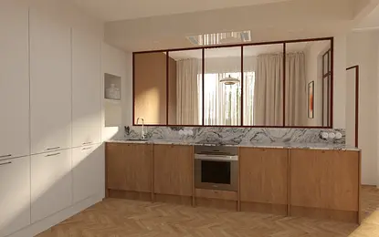 Kuchnia w stylu minimalistycznym z drewnianymi meblami i marmurowym blatem, soft minimalizm, vintage.