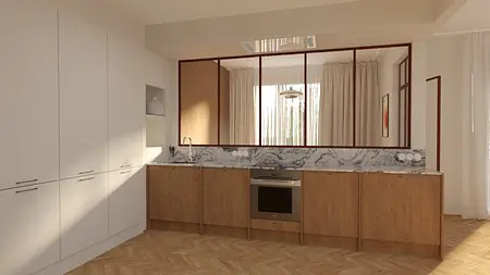 Kuchnia w stylu minimalistycznym z drewnianymi meblami i marmurowym blatem, soft minimalizm, vintage.