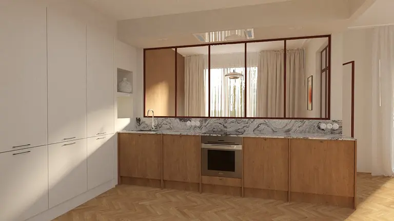 Kuchnia w stylu minimalistycznym z drewnianymi meblami i marmurowym blatem, soft minimalizm, vintage.