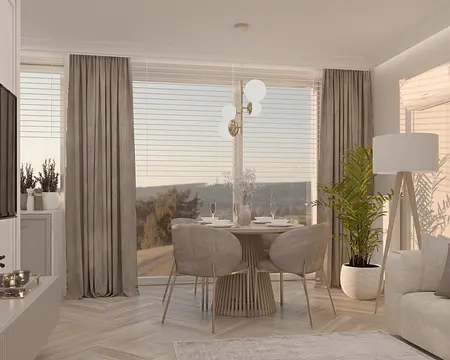 Nowoczesna jadalnia z drewnianym stołem i roślinami w stylu quiet luxury.