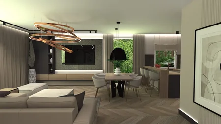Wnętrze z industrialnym i nowoczesnym designem, jasny salon z dużą sofą i jadalnią.